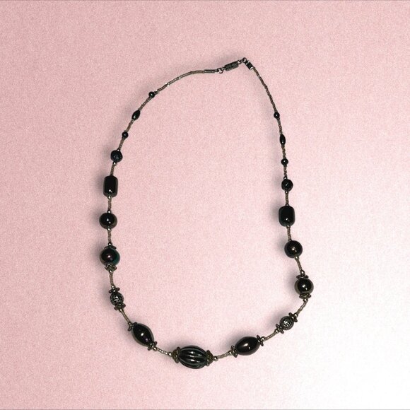 Handcrafted Black Beaded Necklace With Silver Accents & Lobster Clasp Closure - - Picture 2 of 4